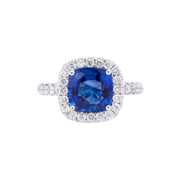 18k White Gold Cushion Sapphire Ring with Diamond Halo