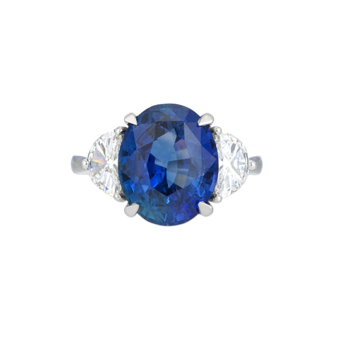 Platinum Oval Sapphire Ring with Diamond Half Moon Side Stones