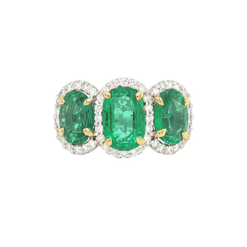 18k Two Tone 3 Stone Emerald Ring with Diamond Halo