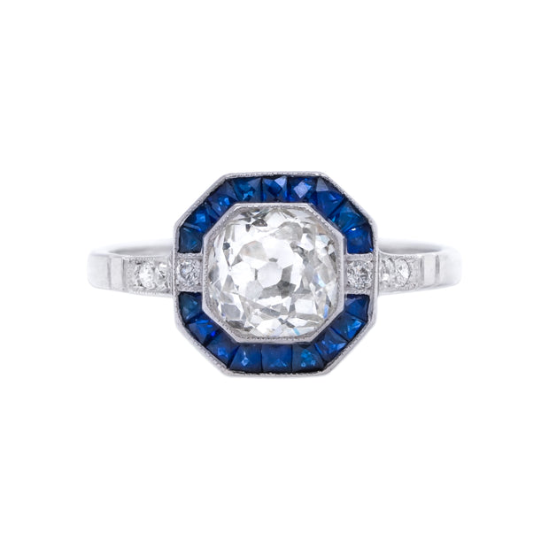 Estate Platinum Diamond and Sapphire Octagonal Ring