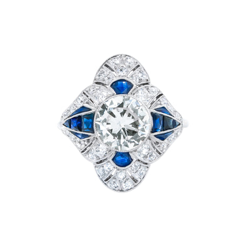 Estate Platinum Diamond and Sapphire Art Deco Ring
