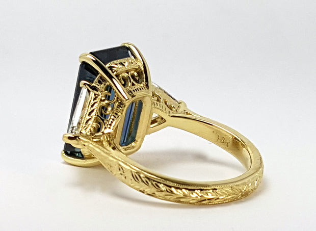 Sapphire and Diamond Trillion Yellow Gold Ring