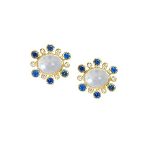 14k Yellow Gold Moonstone & Sapphire Earrings