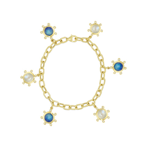 14k Yellow Gold Link Bracelet with Lapis and Moonstone Charms
