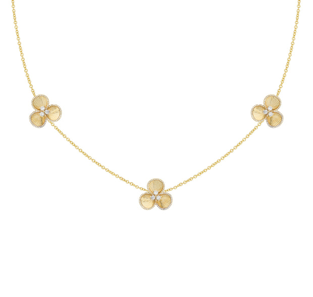 14k Yellow Gold 3 Station Clover and Diamond Necklace