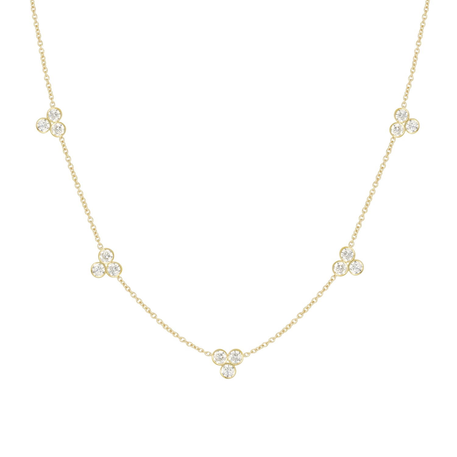 An 18k yellow gold necklace featuring five station clusters of diamonds, displayed on a white background.