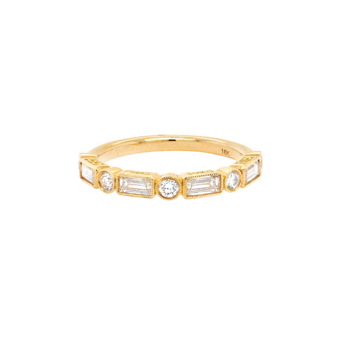 18K Yellow Gold Baguette and Round Diamond Band