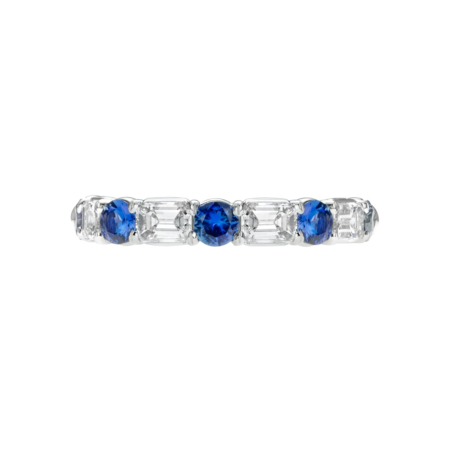 A platinum band featuring alternating blue sapphire and clear diamond stones.