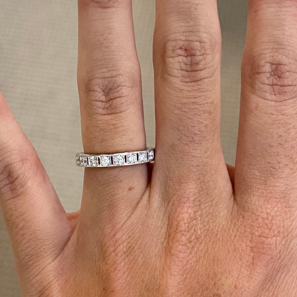 woman wearing Art Deco Square Eternity Band with Engraving, 1 Carat