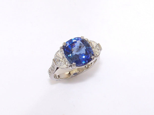 Cushion Cut Sapphire with Diamond Half-Moons