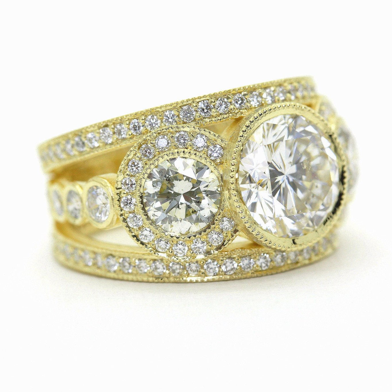 Custom 18K Yellow Gold Three Stone Diamond Band Ring