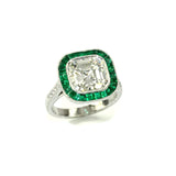 Custom designed Asscher Cut Diamond and emerald ring in Platinum