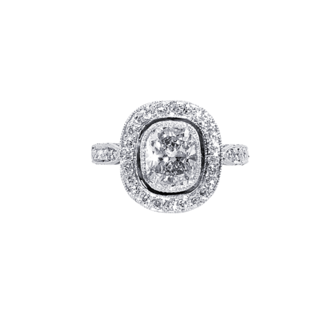 Custom Platinum Cushion Cut Diamond Ring with Pave Halo