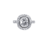 Custom Platinum Cushion Cut Diamond Ring with Pave Halo