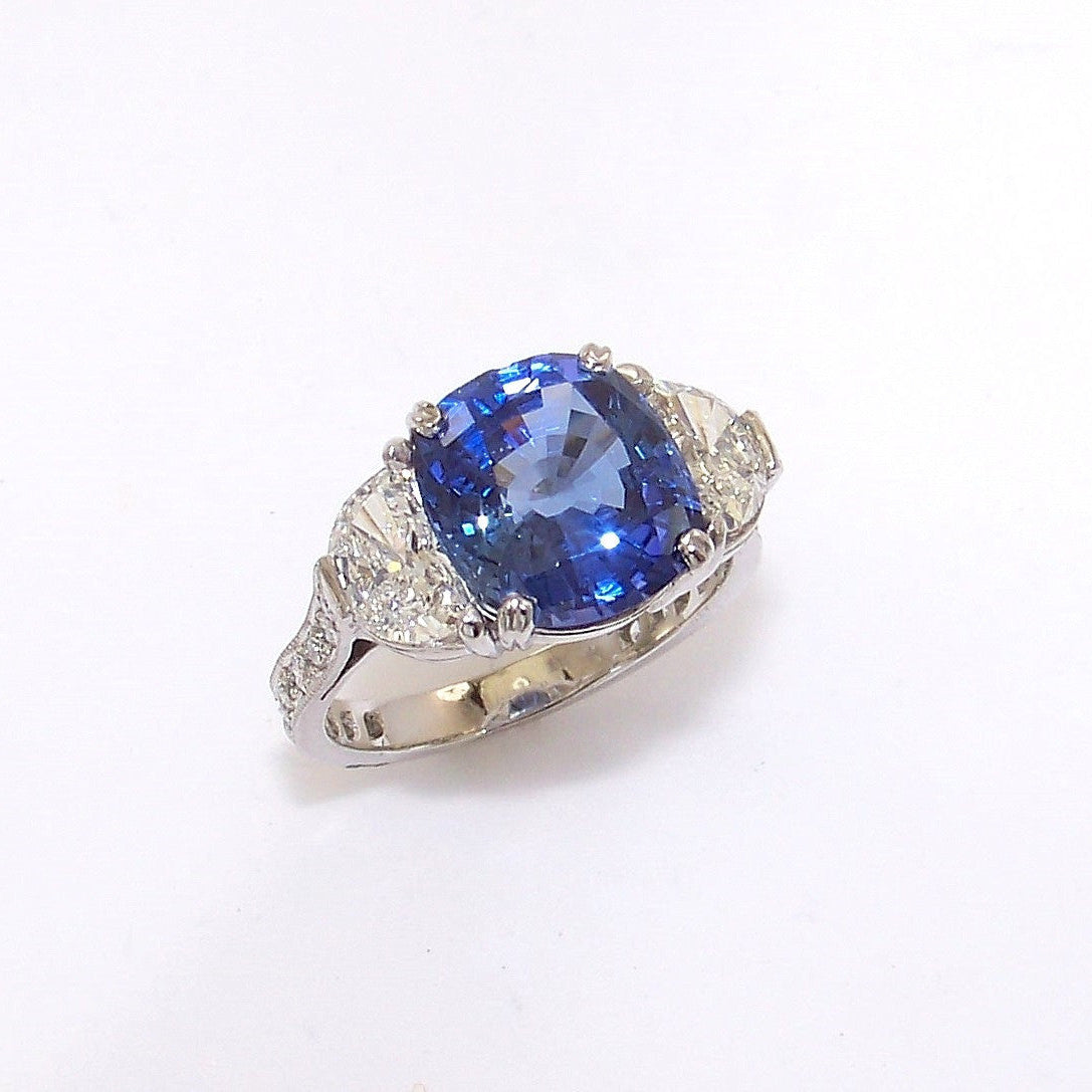 Platinum Cushion Cut Sapphire and Diamond Ring