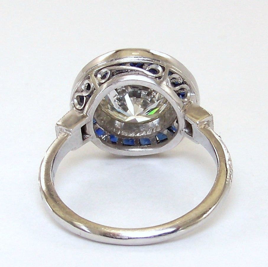 Interior shot of custom designed Platinum Diamond and Sapphire Ring