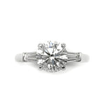 Top View of Custom Platinum Round Brilliant Cut Diamond with Tapered Baguettes on the side 