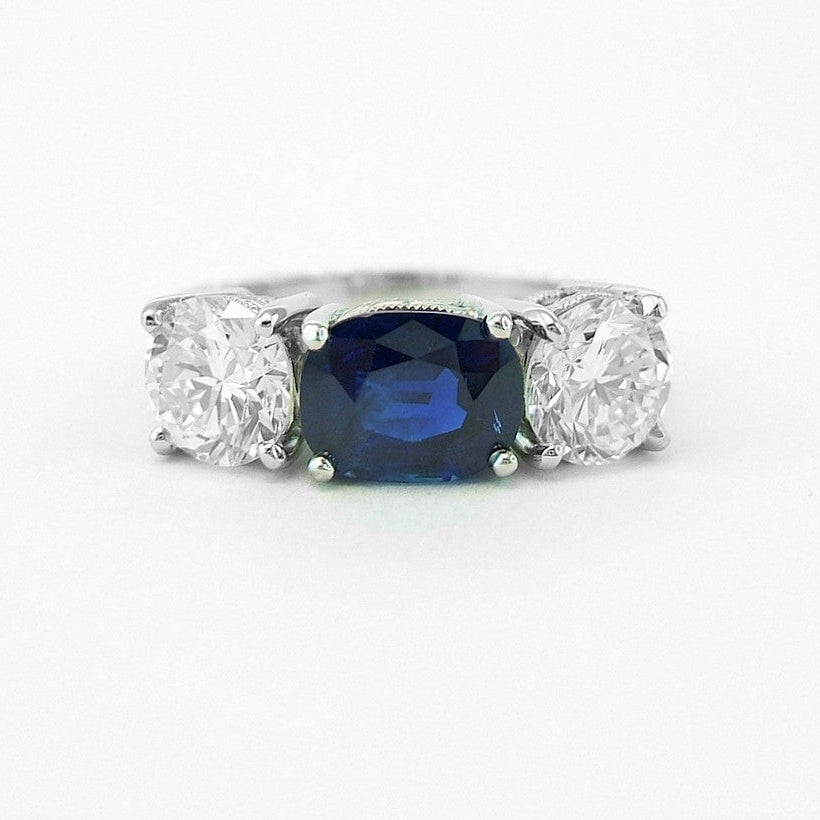 Custom designed Platinum Sapphire and Diamond Three Stone Ring