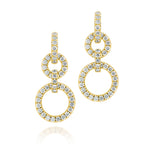 A pair of 18k gold and diamond drop convertible earrings with multiple circles linked together.
