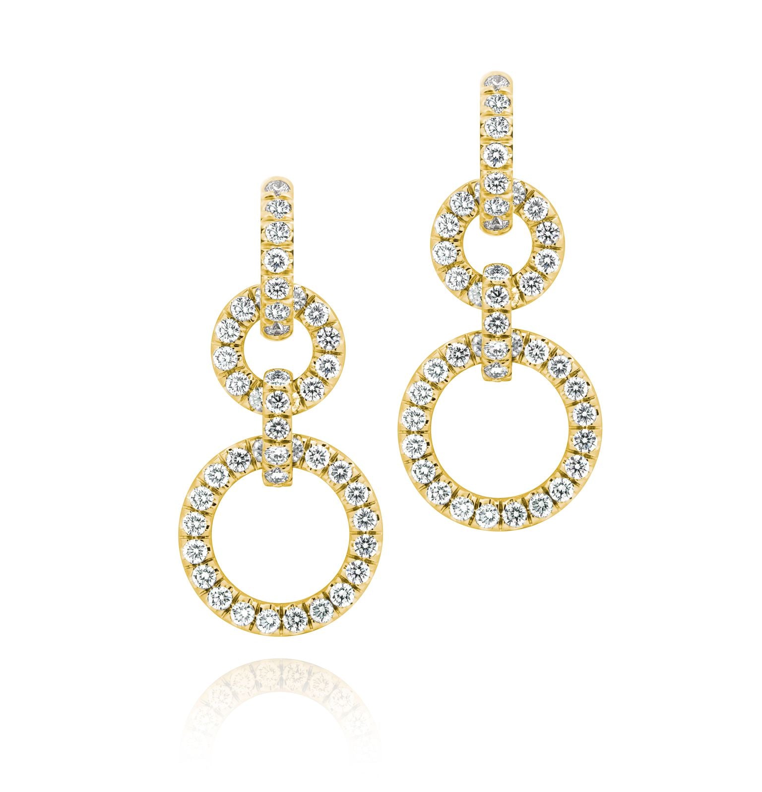 A pair of 18k gold and diamond drop convertible earrings with multiple circles linked together.