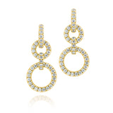 A pair of 18k gold and diamond drop convertible earrings with multiple circles linked together.