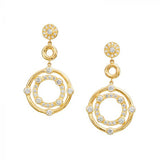 A pair of 18k yellow gold drop earrings with round diamond accents throughout the design.