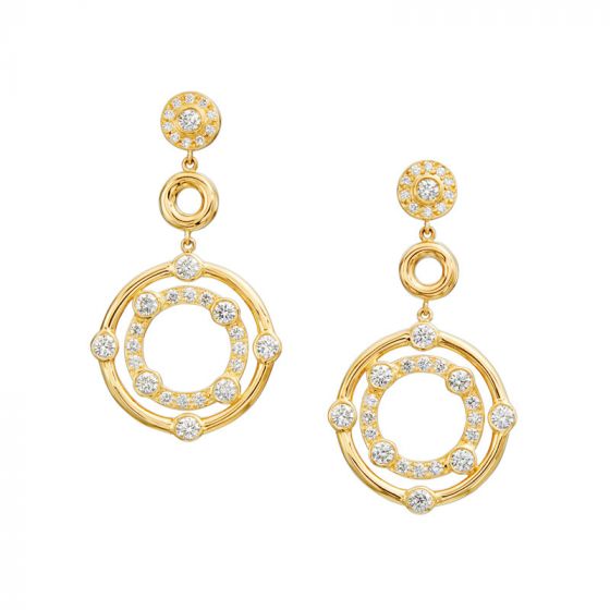 A pair of 18k yellow gold drop earrings with round diamond accents throughout the design.