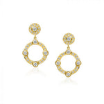 A pair of 18K yellow gold drop earrings with small round diamonds covering the surface
