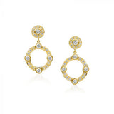 A pair of 18K yellow gold drop earrings with small round diamonds covering the surface