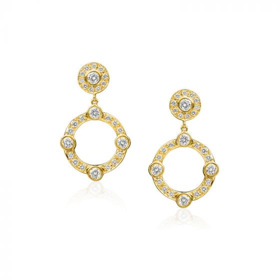 A pair of 18K yellow gold drop earrings with small round diamonds covering the surface