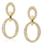 A pair of 18k yellow gold diamond drops earrings with multiple connected circles, each encrusted with diamonds.