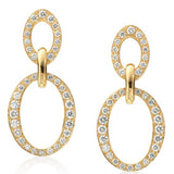 A pair of 18k yellow gold diamond drops earrings with multiple connected circles, each encrusted with diamonds.