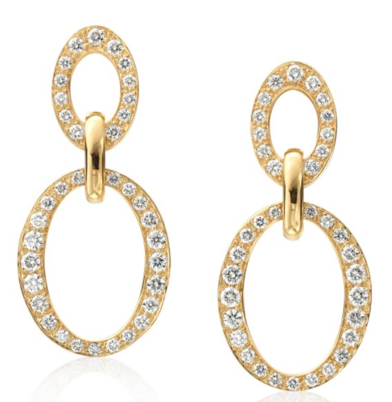 A pair of 18k yellow gold diamond drops earrings with multiple connected circles, each encrusted with diamonds.