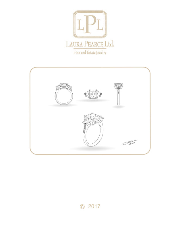 Platinum 3 Stone Emerald Cut Diamond Ring with Brilliant Cut Trapezoids