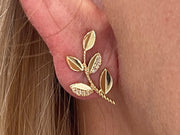 14k Yellow Gold and Diamond Modern Large Leaf Earrings