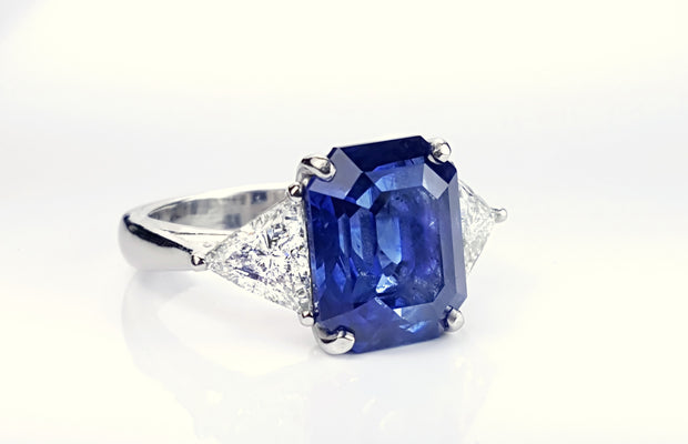 Emerald Cut Sapphire and Diamond Platinum Ring