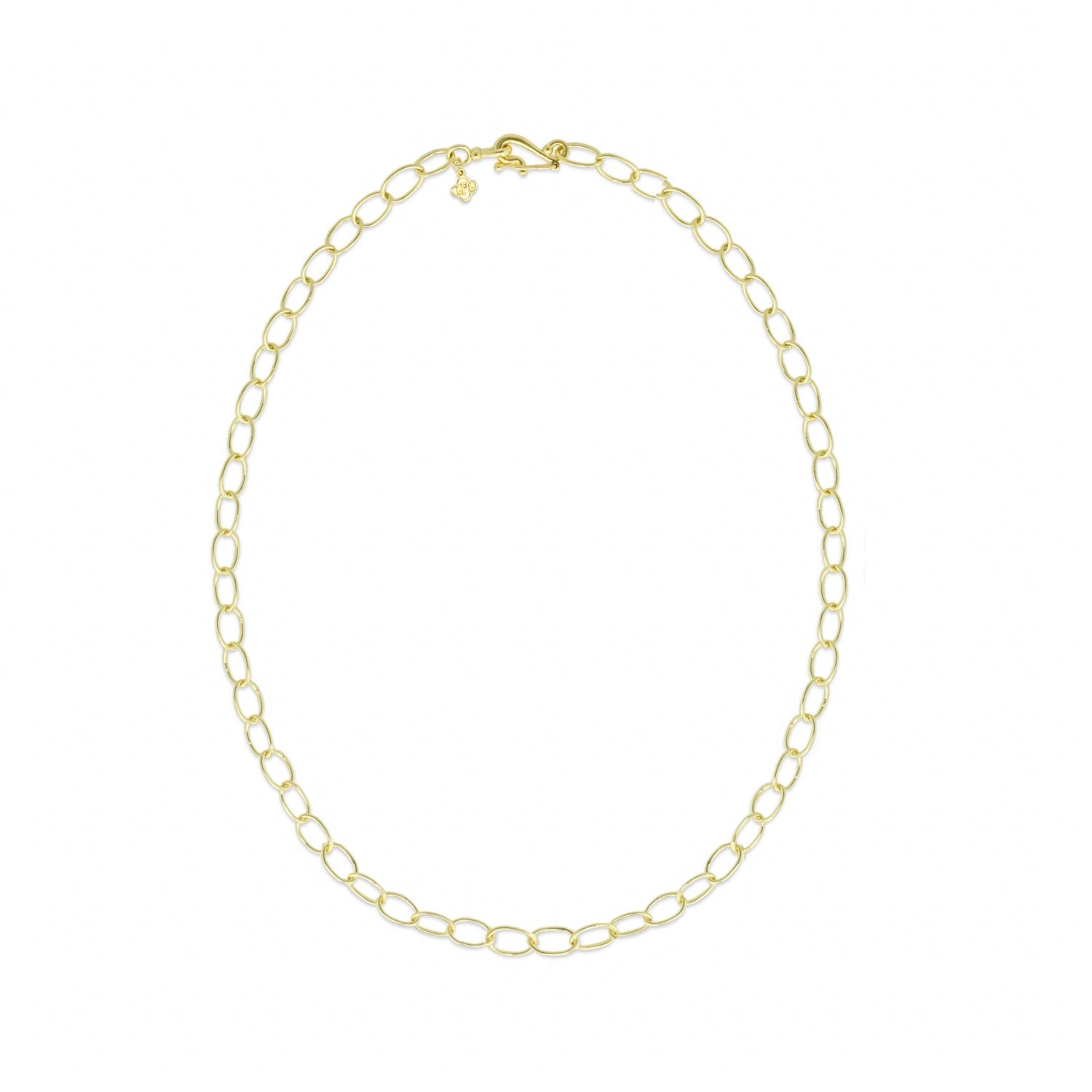 An 18k yellow gold medium oval link necklace on a white background.