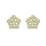 A pair of 18k yellow gold diamond stud earrings in a floral design.