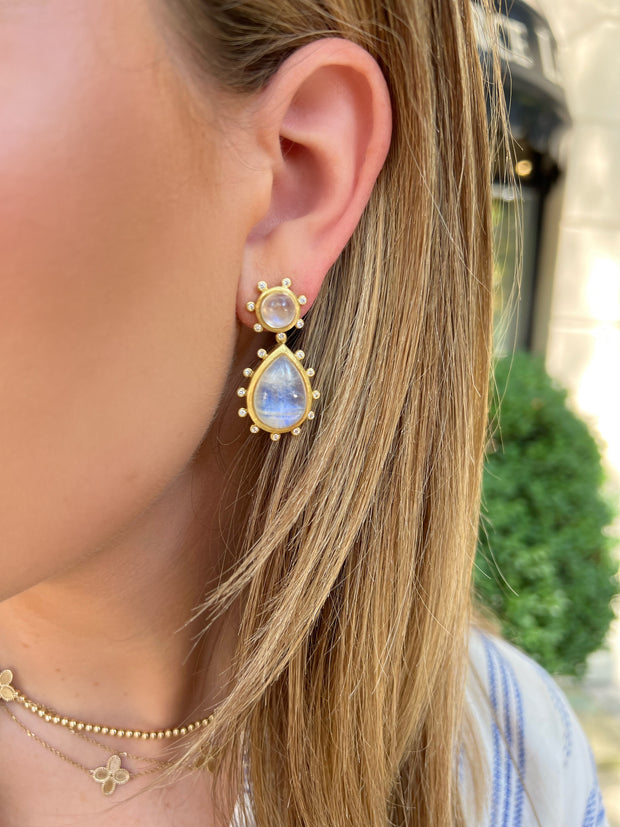 14k Yellow Gold Moonstone and Diamond Drop Earrings