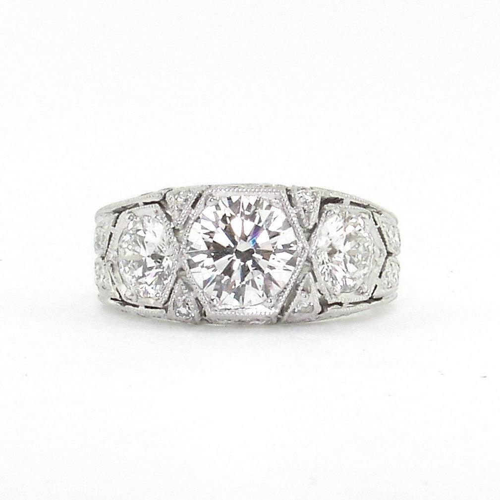 Platinum Art Deco Three Stone Round Diamond Ring