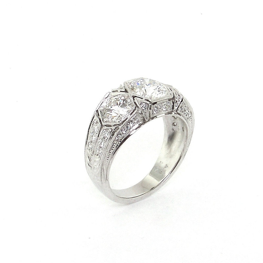 Platinum Art Deco Three Stone Round Diamond Ring profile view
