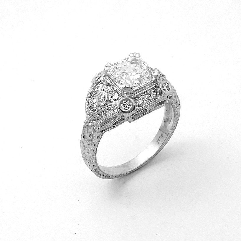 Platinum Asscher Cut Diamond Ring with Halo