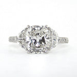 Platinum Cushion Cut Diamond Ring with Half Moon Side Stones
