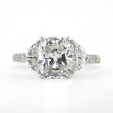 Platinum Cushion Cut Diamond Ring with Half Moon Side Stones