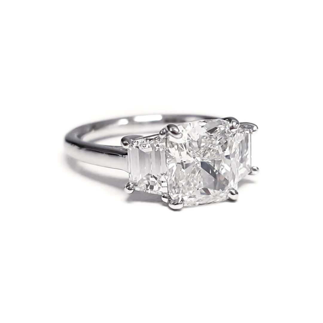 Platinum Cushion Cut Diamond Ring with Trapezoids