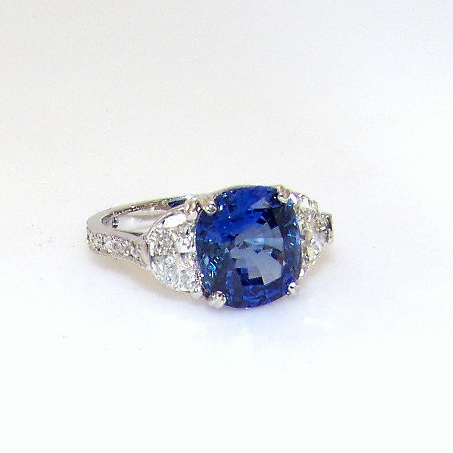 Platinum Cushion Cut Sapphire and Diamond Ring