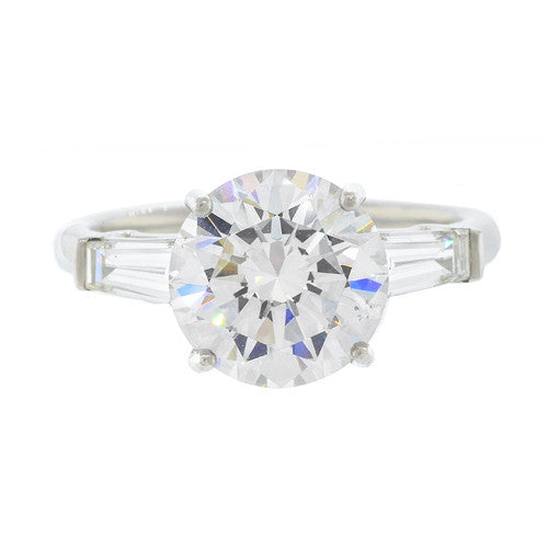 Platinum Round Diamond Engagement Ring with Tapered Baguettes