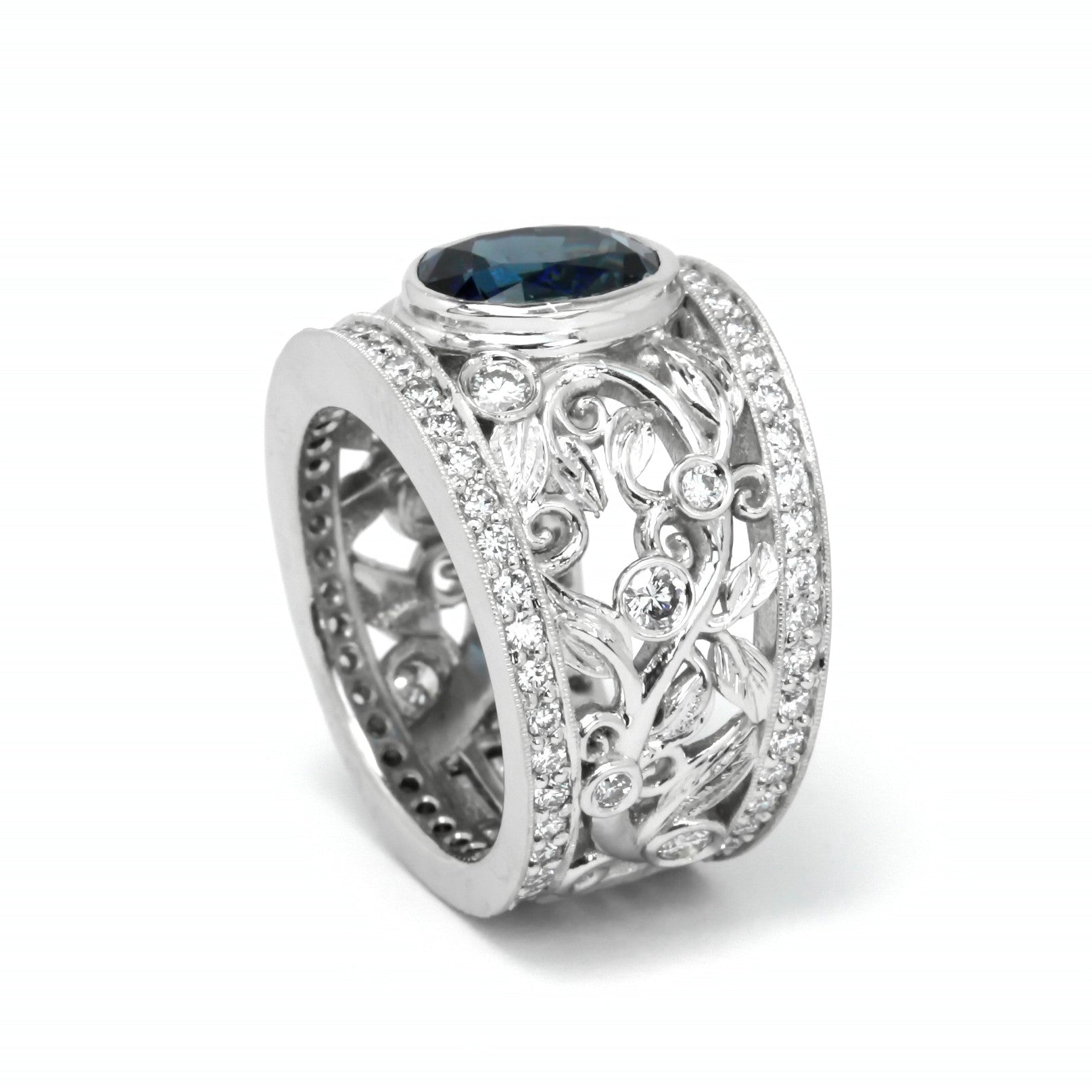 Custom Platinum Sapphire and Diamond Wide Band Ring 
