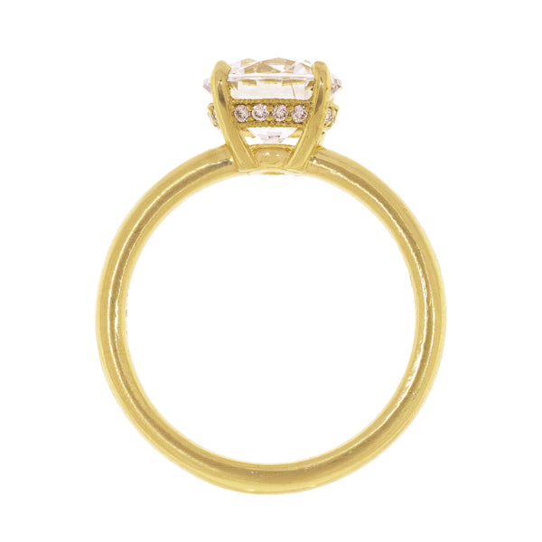 side view of round brilliant cut diamond ring with hidden halo