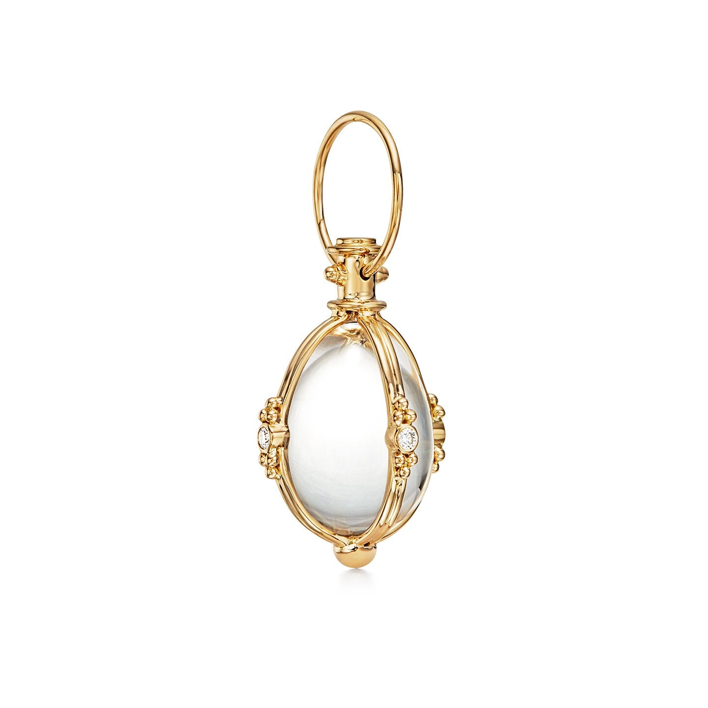 An 18k yellow gold classic amulet with rock crystal and diamonds, viewed from the front against a white background.